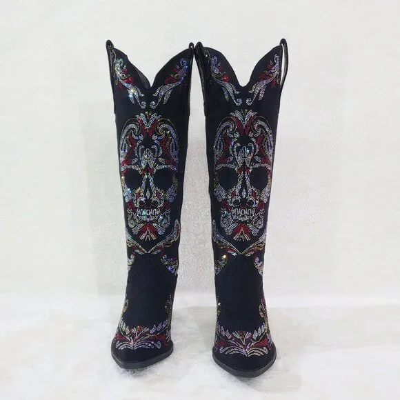 Muerto Country Western Cowgirl Boots Sparkling Iridescent Rhinestones Skull Red